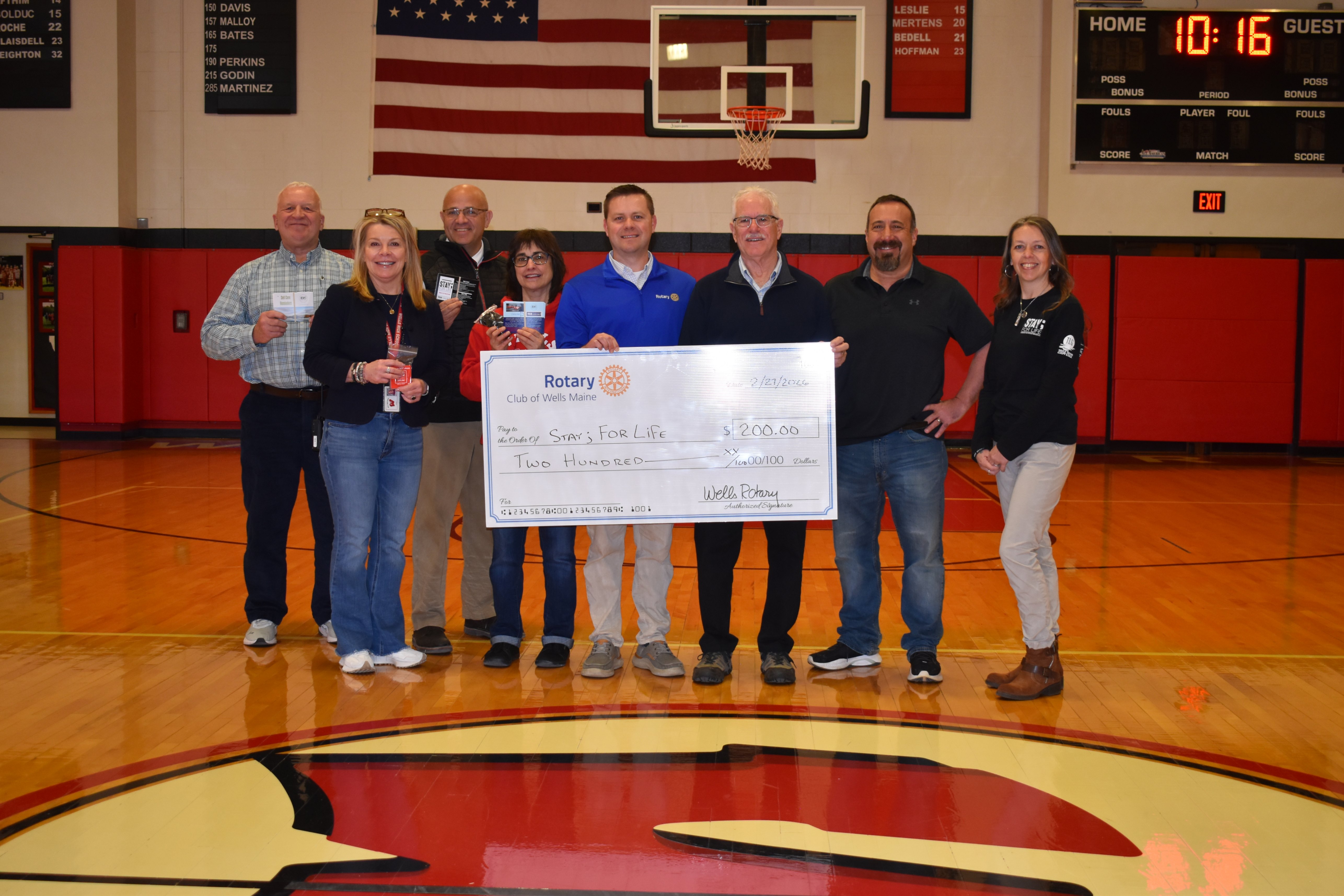 Left to right: Representing the WOCSD are Doug Perley, Eileen Sheehy, Josh Gould, and Kristie Soucy,  Continuing left to right are Wells Rotary members Nate Mayo, Roy Fava, Scott DeFelice, Stay; For Life’s Angela Whitten.